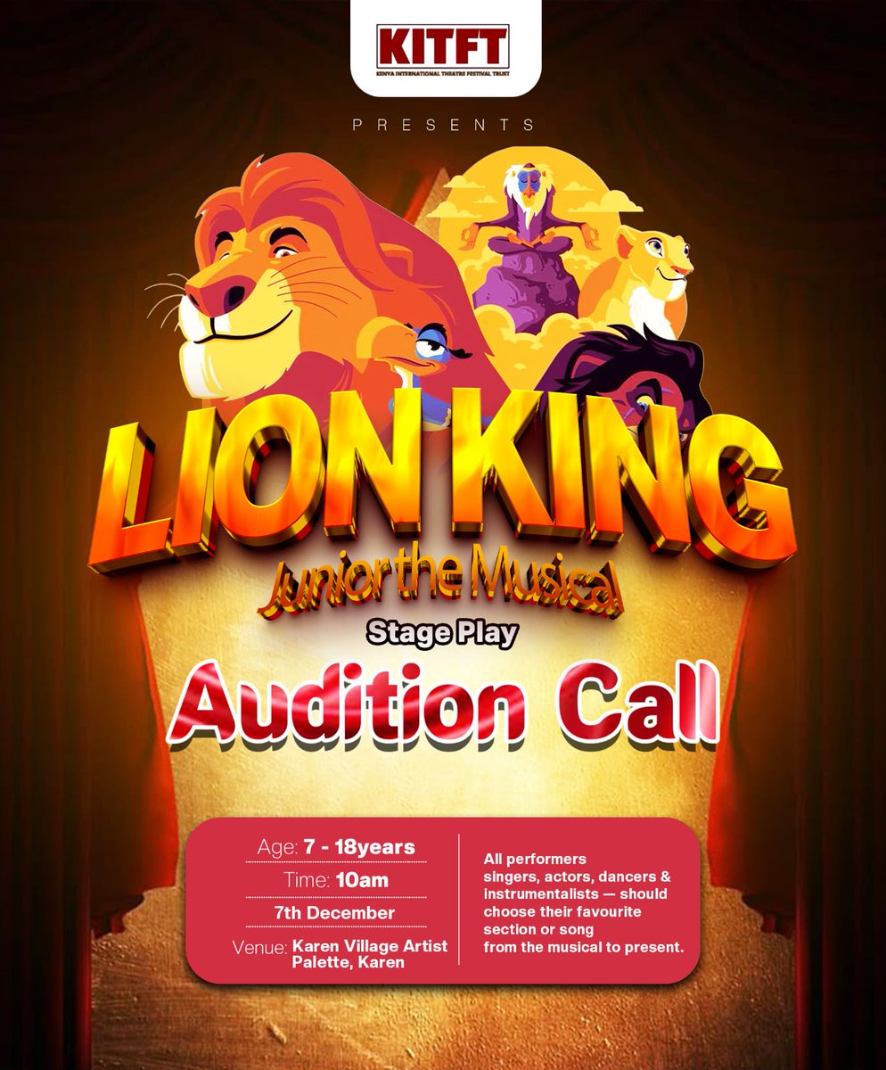 kitfest_ke's tweet image. Calling young stars! 🎭🦁
Show your talent at the Lion King Junior auditions happening 6th–9th Dec.
Sing, act, dance or play! It’s your moment!
#KaribuKitfest 
#theatreke
#TheKitfestAt10
#kitfest2025