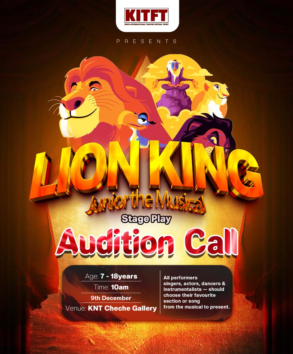 kitfest_ke's tweet image. Calling young stars! 🎭🦁
Show your talent at the Lion King Junior auditions happening 6th–9th Dec.
Sing, act, dance or play! It’s your moment!
#KaribuKitfest 
#theatreke
#TheKitfestAt10
#kitfest2025