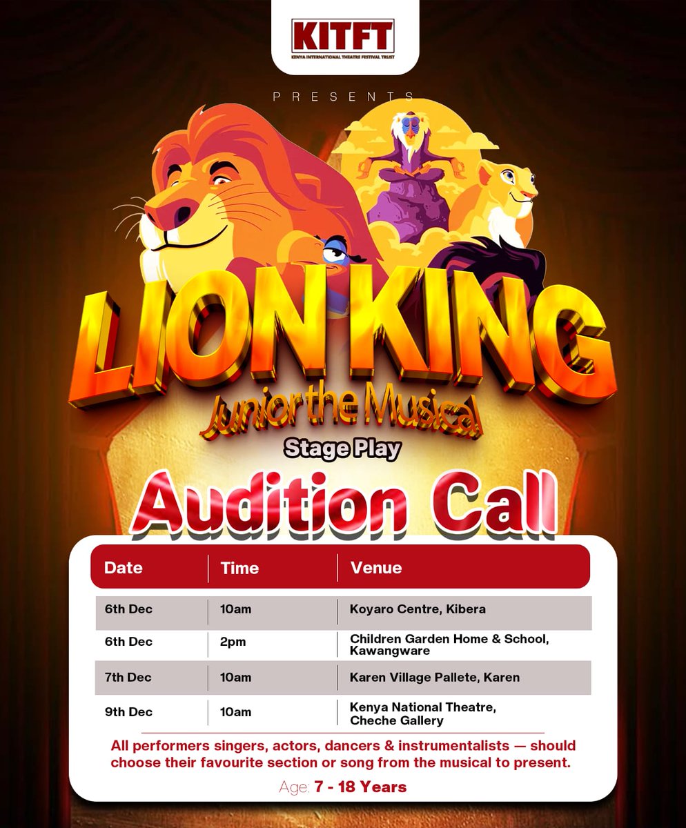 kitfest_ke's tweet image. Calling young stars! 🎭🦁
Show your talent at the Lion King Junior auditions happening 6th–9th Dec.
Sing, act, dance or play! It’s your moment!
#KaribuKitfest 
#theatreke
#TheKitfestAt10
#kitfest2025
