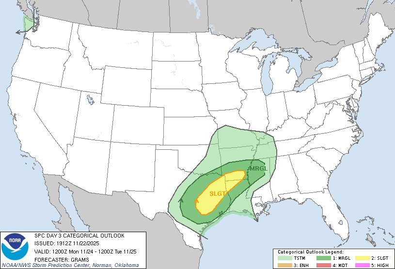 NWSSPC's tweet image. 1:13pm CST #SPC Day3 Outlook Slight Risk: in east TX to far southern AR spc.noaa.gov/products/outlo…