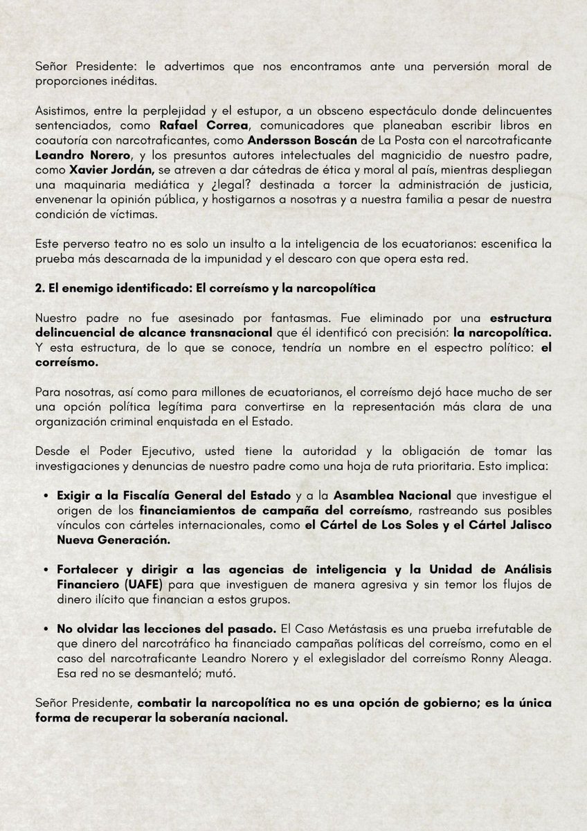 agentedelcaos33's tweet image. Aún hay oportunidad para reencauzar el horizonte ético de nuestro #EcuadorDeValientes 

Carta abierta a @DanielNoboaOk 

Mientras el magnicidio de nuestro padre siga impune, Ecuador no sanará. Exigimos que enfrente la narcopolítica y construya un Acuerdo Ético Nacional.…