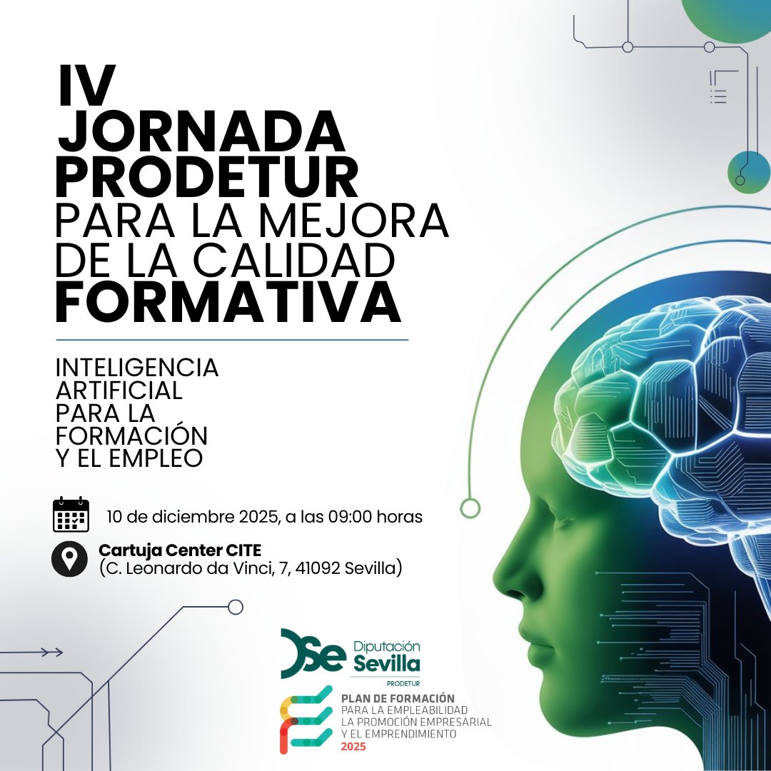 🎓🤖 El 10 de diciembre participaremos en la IV Jornada <a href="/prodetur/">Prodetur DipuSevilla</a> para la Mejora de la Calidad Formativa: “Inteligencia Artificial para la Formación y el Empleo”.
📍 Cartuja Center CITE – Sevilla
🕘 Desde las 09:00 h
🆓 Inscripción gratuita
👉 forms.gle/AbxnNnq3L158FG…