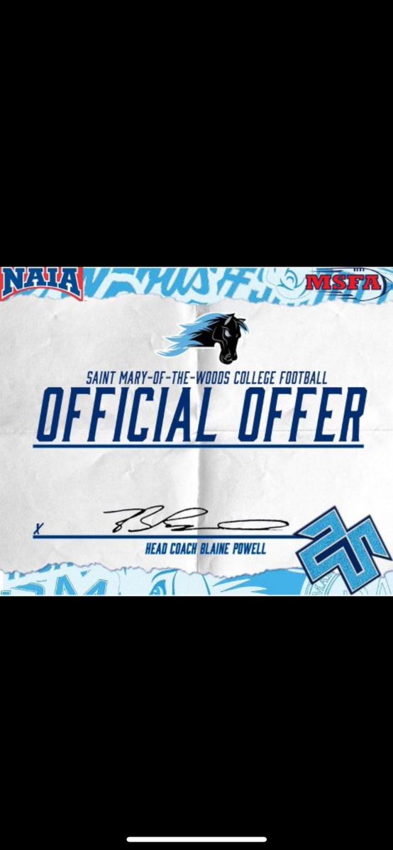 After a Call  l am blessed to receive an offer from <a href="/SMWCFB/">Saint Mary-of-the-Woods College Football</a> . Excited for the opportunity!!
<a href="/CoachKyleBuresh/">Coach Buresh</a> <a href="/Logandrown/">Logan Drown</a>
<a href="/MuncieCentralFB/">Muncie Central Football</a>  <a href="/coachpowell91/">🏈Blaine Powell🏈</a>