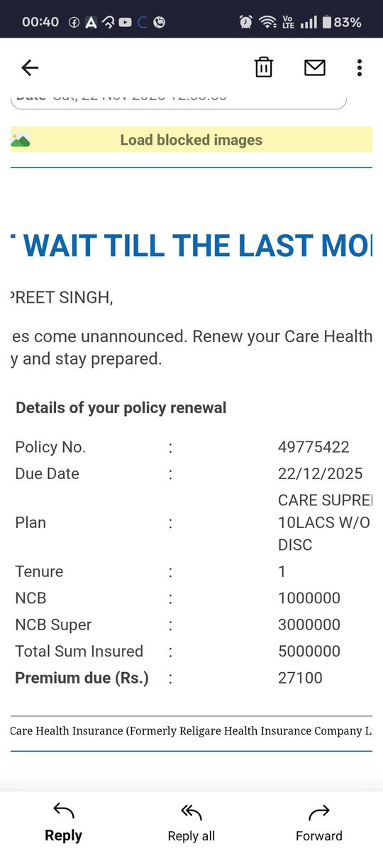 manpreetsingh79's tweet image. @CareHealthIndia @MoHFW_INDIA @PMOIndia can you please let me justify the reason for the premium hike , despite of 18% reduction in GST. This year you are asking for 27100, without gst. Last year I paid 23674 including GST . Day light robbery