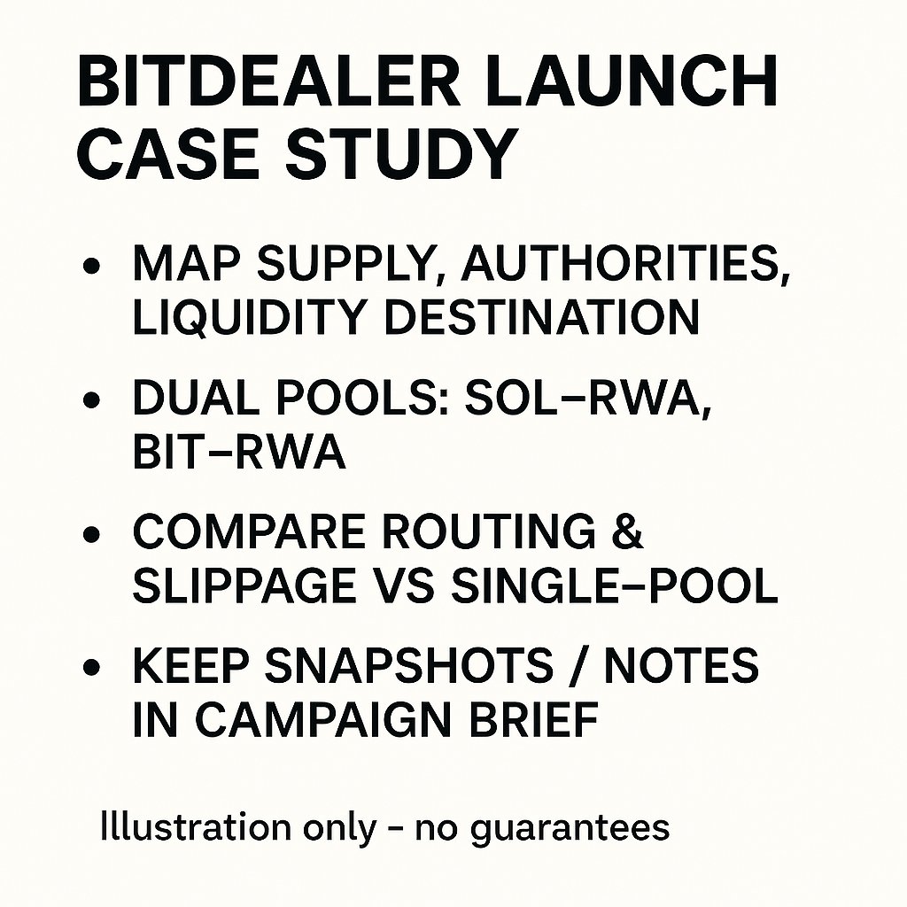 high2moon's tweet image. I’m treating $BIT launches like case studies. Before I touch a curve, I map out supply, authorities and where liquidity will land once it finishes. Because #Bitdealer splits the raise into SOL–RWA and BIT–RWA pools with LP tokens locked, I can compare its routing and slippage…