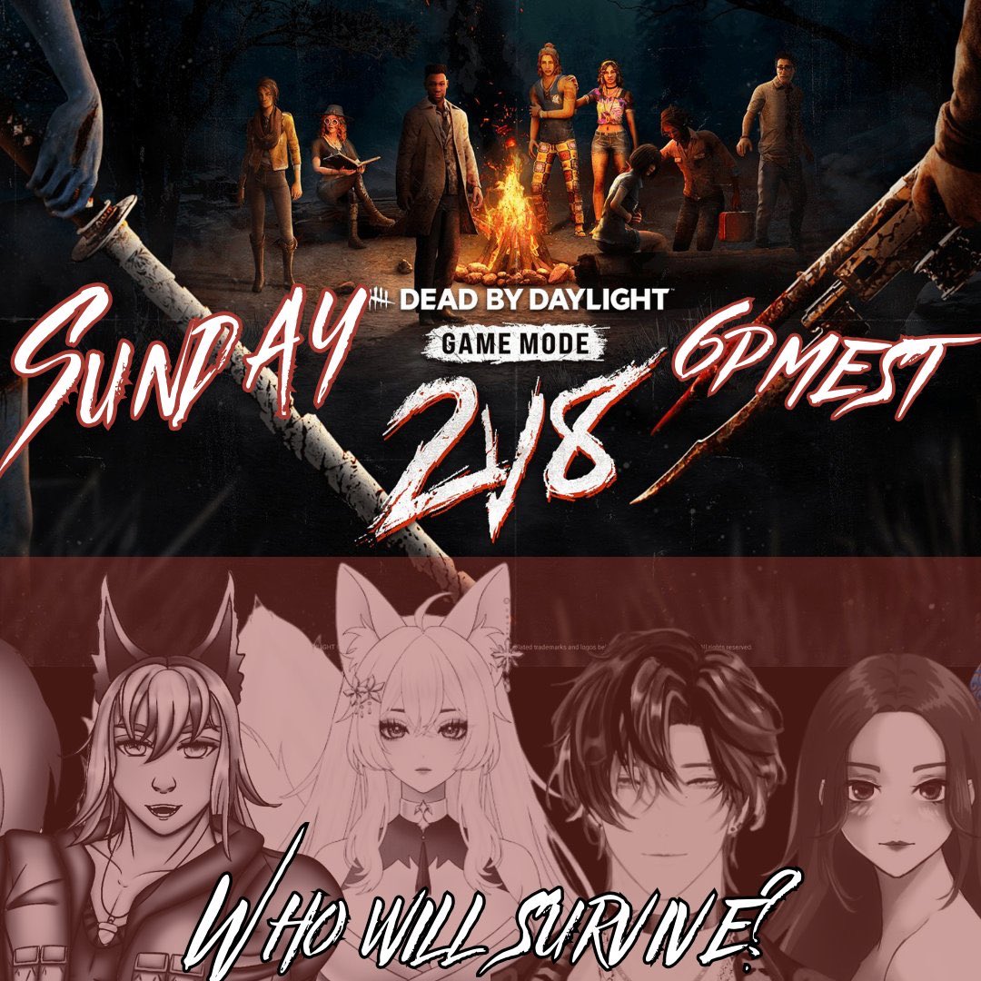 Big news about big fun happening tomorrow at 6pm EST.

I’ll be doing a DBD 2v8 collab with <a href="/Lace_Faebells/">Lace_Fae</a>, <a href="/Yuki_Shima_Fox/">Yuki Shima ⛩️💜</a>, and <a href="/maskedkonton/">MaskedKonton</a>
There’s a very good chance of chaotic shenanigans. You don’t want to miss it. 

(Thanks go to Yuki_Shima_Fox for the promo image)