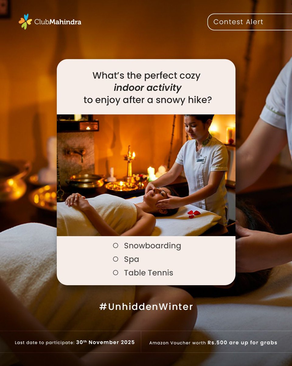 clubmahindra's tweet image. ❄️ #ContestAlert - 8th contest out of 16
#UnhiddenWinter with #ClubMahindra

Get ready to enjoy the winter season with 16 exciting questions and a chance to win Amazon vouchers worth ₹500 each!

☃️ How to Participate:
1️⃣ Comment below with your answer using #UnhiddenWinters and…