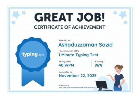 saziddeveloper's tweet image. 🎉 That&apos;s the feeling of progress! Happy to put a checkmark next to this milestone. 

Just completed the 1-Minute Test with :
• ⌨️ Speed: 40 WPM
• ✅ Precision: 96% Accuracy. 

Celebrate the small wins, but never forget the main objective. This proves the effort works. 💪
