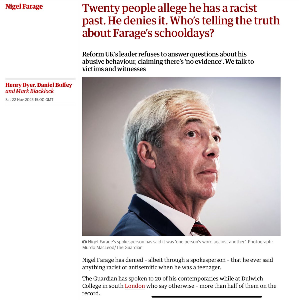 When is Farage going to be charged with racism? So many witnesses have spoken out.