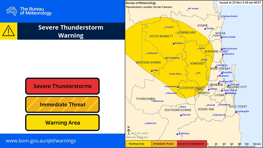 ⚠️⛈️ Severe Thunderstorms around inland parts of South-East Queensland this morning. 

Heavy rainfall the main risk with these storms.

Warnings:bom.gov.au/weather-and-cl…