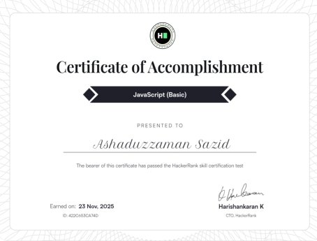 saziddeveloper's tweet image. “Just earned my JavaScript (Basic) certification from HackerRank! 💪🚀
Leveling up step by step — more to come 😁 #JavaScript #HackerRank #WebDev”
