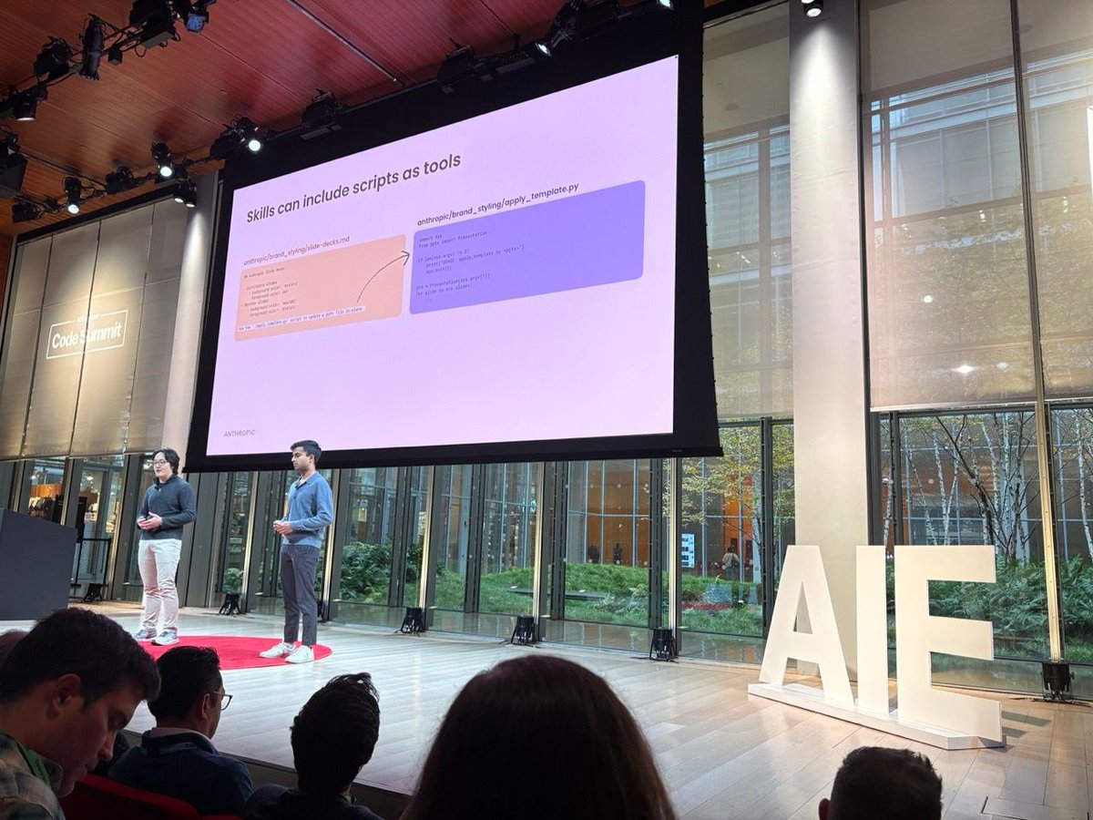 nibzard's tweet image. .@barry_zyj of @AnthropicAI says stop building general purpose bots and start building &quot;skills&quot;, folders of scripts and prompts that claude pulls into context. raw iq isn&apos;t enough, models need procedural muscle memory and domain expertise to do real work.