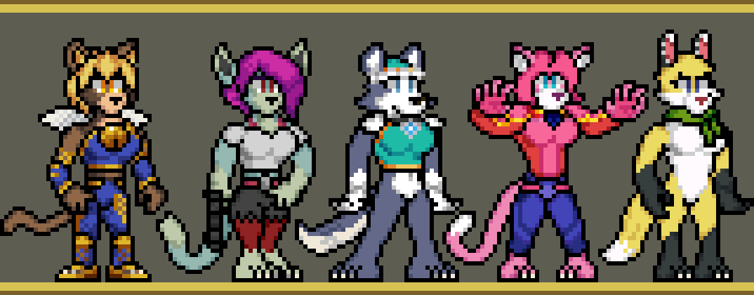 AbsoluteBoom96's tweet photo. An assortment of Anthro Gals.
From left to right:
Daena from Legend of Mana.
It-Z from Concord.
Everest from Paw Patrol.
Shasha from Shasha &amp; Milo.
And Lupi from Lupi &amp; Baduki.
#pixelart #pixelartist #pixelcharacters https://t.co/NM5qNza9Qw