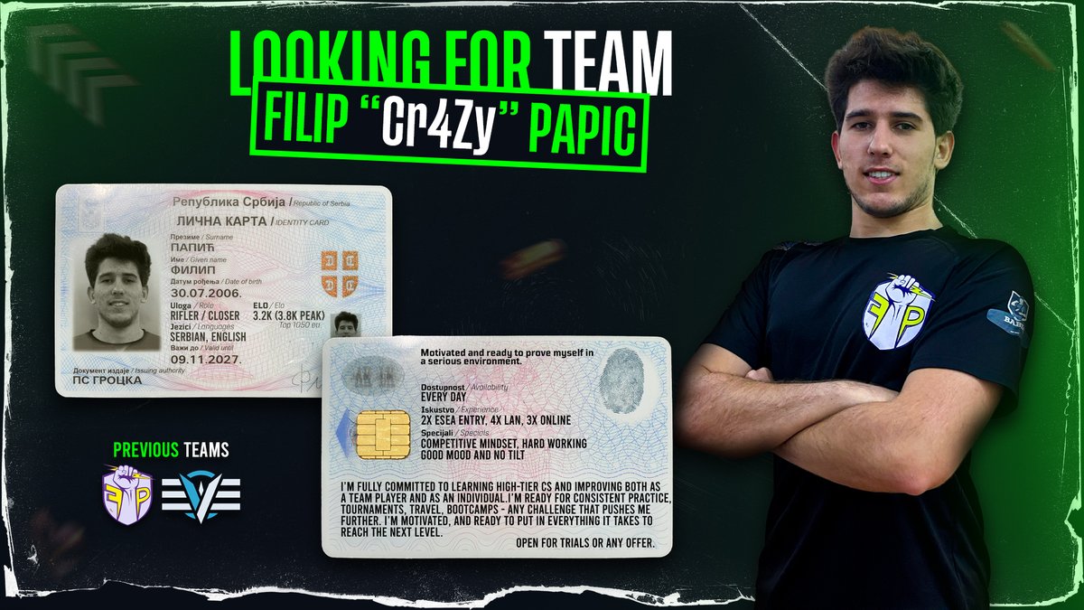 Cr4ZyCS2's tweet image. LFT [🇷🇸] @ESEA @FACEITcs 

After finishing the season with @project_eversio and having a great time with the team, I’m now looking to take the next step in my career.

Professional mindset.
RTs appreciated ❤️

#LFT #LFTCS #CS2 #Faceit #csgo #esea #counterstrike #counterstrike2