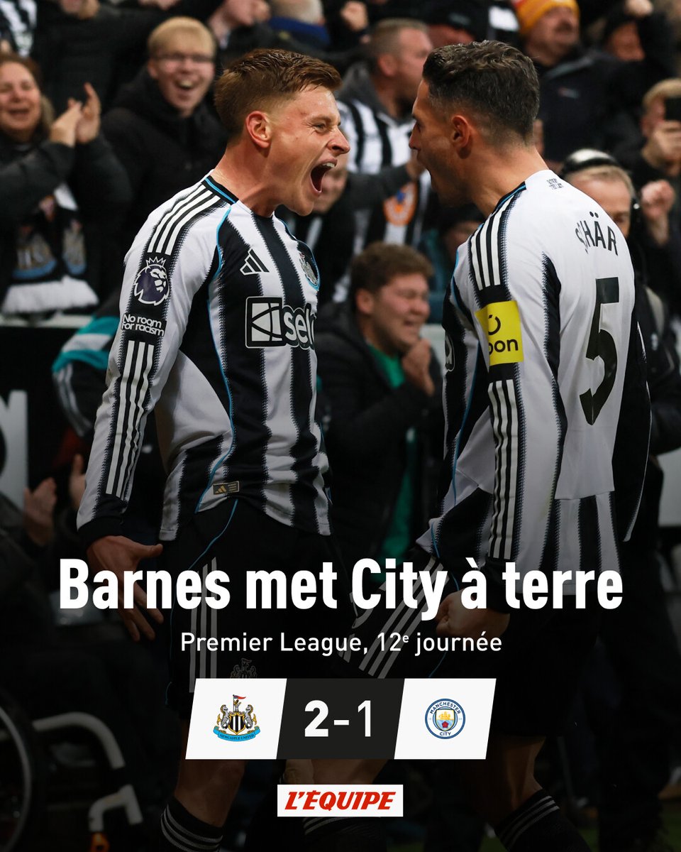 Porté par un doublé de Barnes, Newcastle prend le meilleur à domicile sur Manchester City, qu'il s'offre pour la première fois depuis janvier 2019. Avant d'aller à Marseille en Ligue des champions, les Magpies remontent à la 15e place.

➡️ l.lequipe.fr/zpP