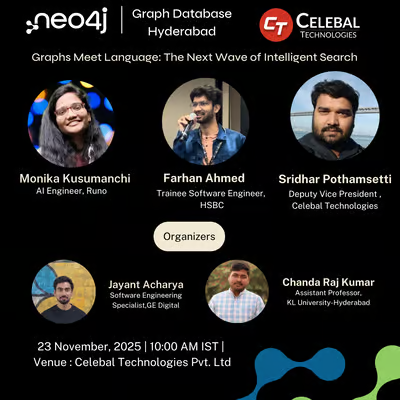 Ayan_M_Dev's tweet photo. I am attending @neo4j  x @celebaltech Hyderabad Meetup today, See you all at the event...

Excited to be a part of it.
- Jayant Acharya, Chanda Raj Kumar, Sridhar Pothamsetti, Siddhant Agarwal https://t.co/GgSQWu6tgG