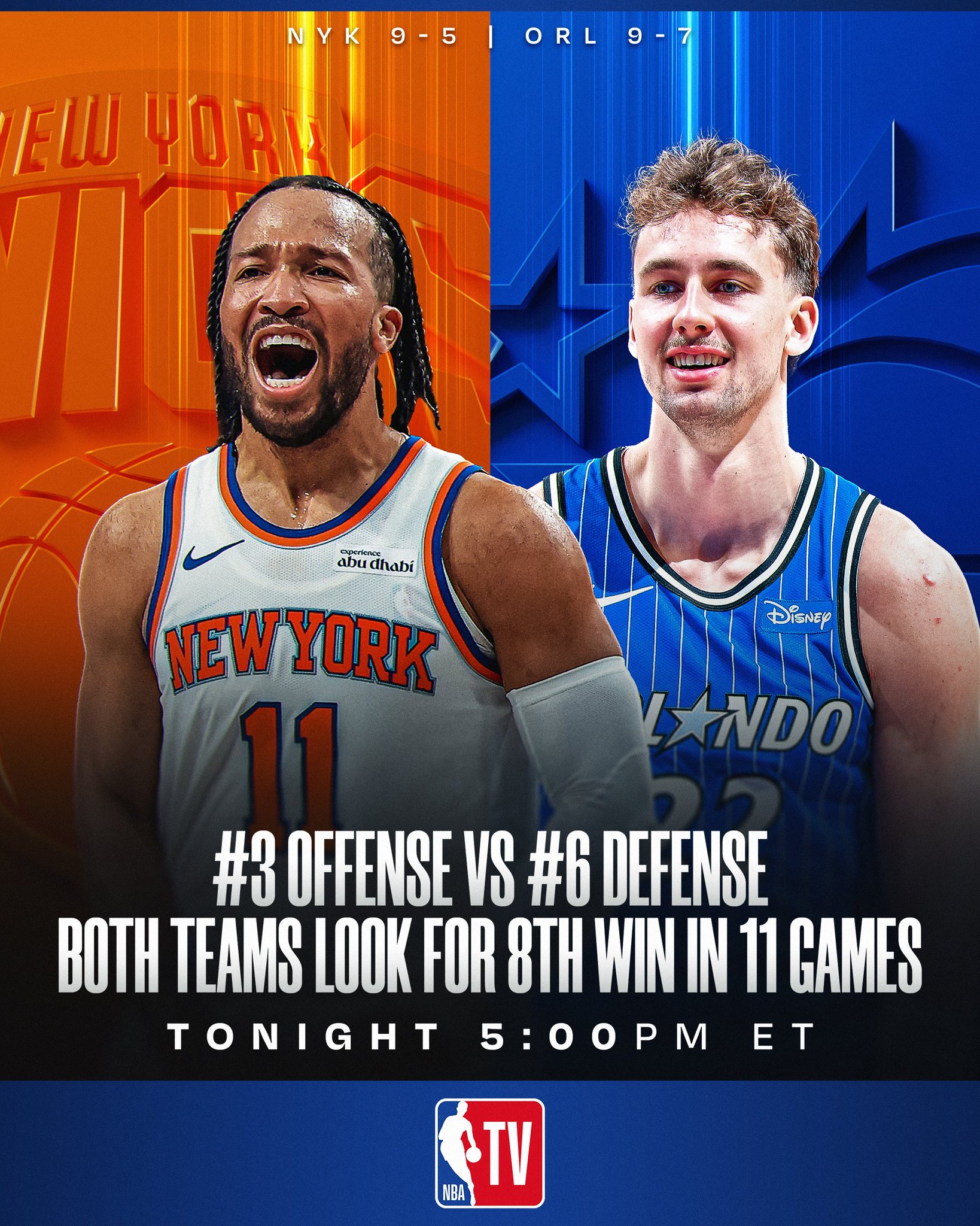 Jalen Brunson (28.0 PPG, 6.4 APG) and New York's #3 offense take on Franz Wagner (22.6 PPG, 6.4 RPG) and Orlando's #6 defense as both teams look to secure an 8th win in 11 games!

⏰ 5:00pm/et, NBA TV