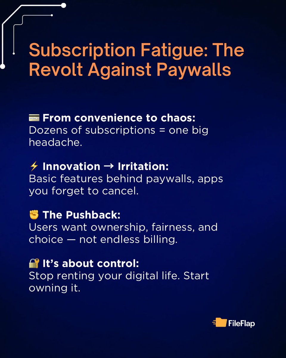 file_flap's tweet image. Drowning in subscriptions? You’re not alone.

The internet turned into one big paywall - and people are pushing back. ⚡

#SubscriptionFatigue #TechReality #DigitalFreedom