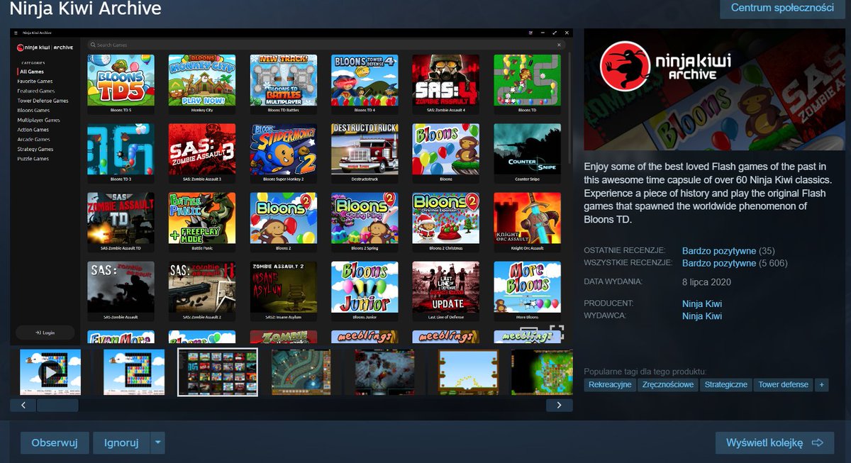 BonkolTV's tweet photo. Pozwolę sobie przypomnieć, że istnieje taki produkt na Steam o nazwie Ninja Kiwi Archive i jest to zestaw ponad 60 gier od twórcy "Baloników i Małpek", które kiedyś były dostępne na przeglądarkach.

Całość jest ściągana jako osobny launcher i jest całkowicie za darmo.

Polecam sprawdzić pierwszą wersję Bloons TD i kilka innych gier w które może graliście na informatyce.
Link: https://t.co/vBo5aK7wuP