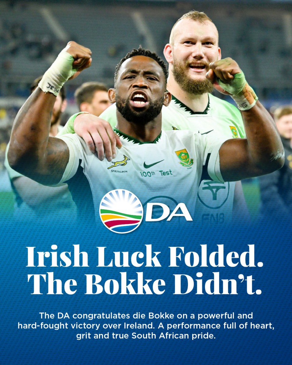 Our_DA's tweet image. 😮‍💨 Irish luck folded, the Bokke didn’t! Congratulations to the Springboks on their win against Ireland, the first win in Dublin since 2012.

A performance full of heart, grit and true South African pride.