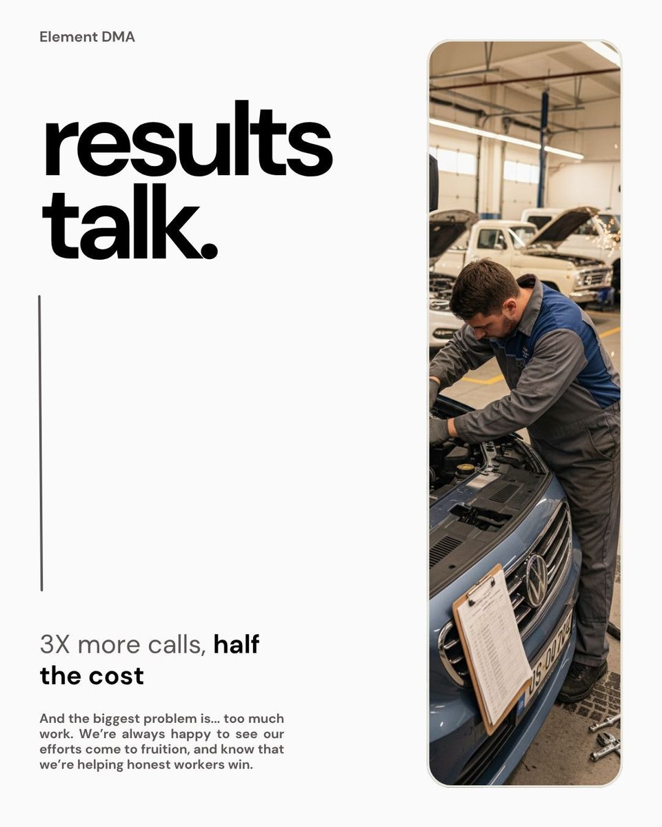 ElementDMA's tweet image. Client hitting their biggest month ever. Hiring new techs. Their problem? Too much work. 🚗

We tripled their calls and cut cost per lead in half.

This is why we do what we do.

Client results &amp;gt; everything else. 💪

P.S. 2 spots open for 6+ bay shops. DM us.