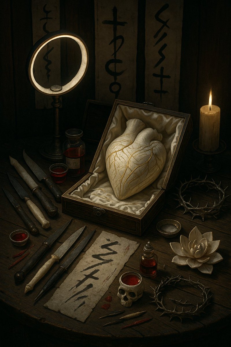 The saint is awake.  

The ribs have been parted with the same reverence once used to open reliquaries.  

The heart lies bare beneath the lamp, pale and luminous, still trying to pray.

First incision: a hair-fine line along the outer pericardium.

You vowed poverty of desire