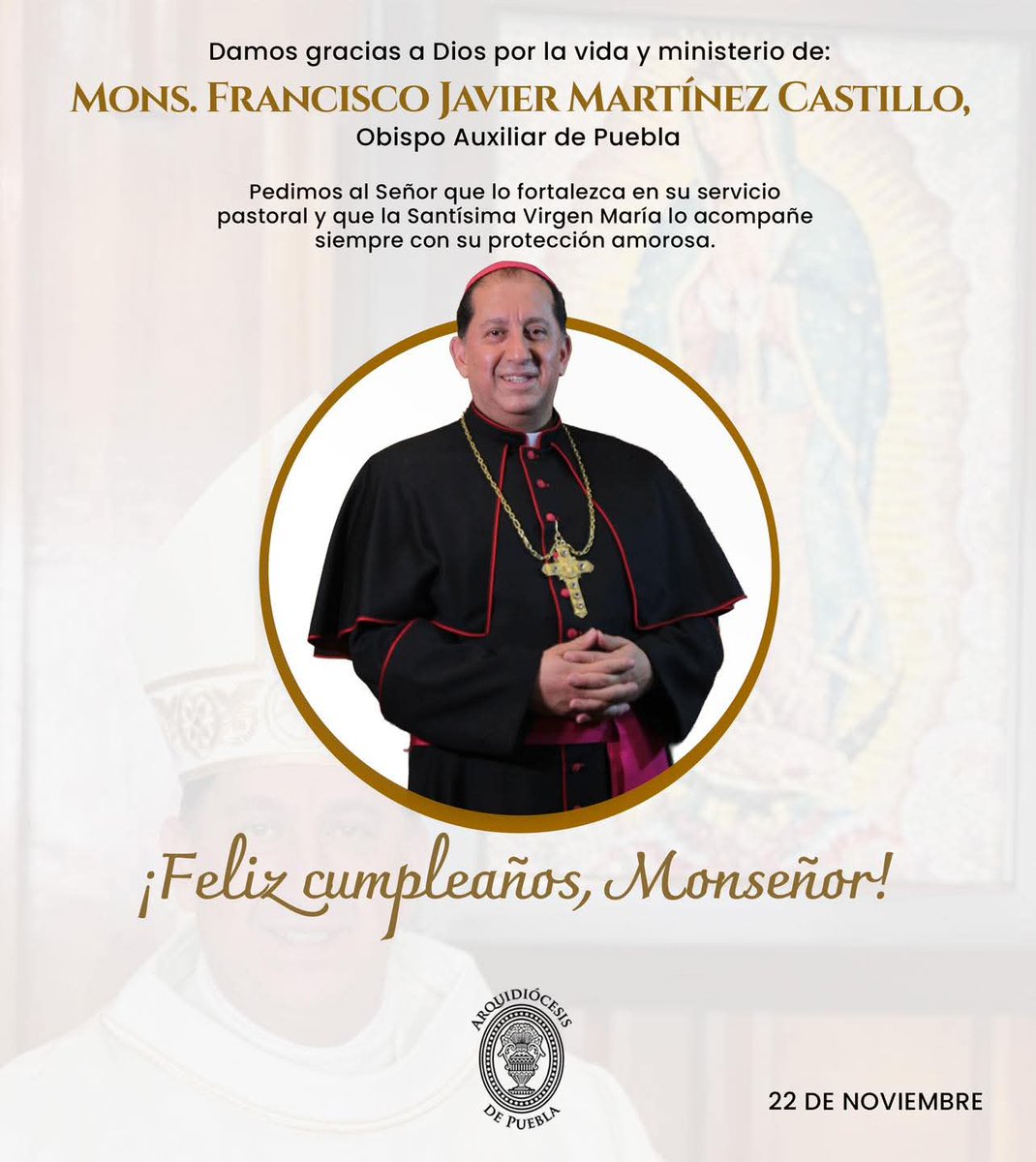 Nos unimos a la felicitación de la alcaldesa de Guadalupe Victoria, Dra. María Fernanda Romero Solis , y de la <a href="/Arqui_Puebla/">Arquidiócesis Puebla</a> , para Mons. Francisco Javier Martínez Castillo.Damos gracias a Dios por su vida y por su generoso servicio como Obispo Auxiliar de Puebla.🎉