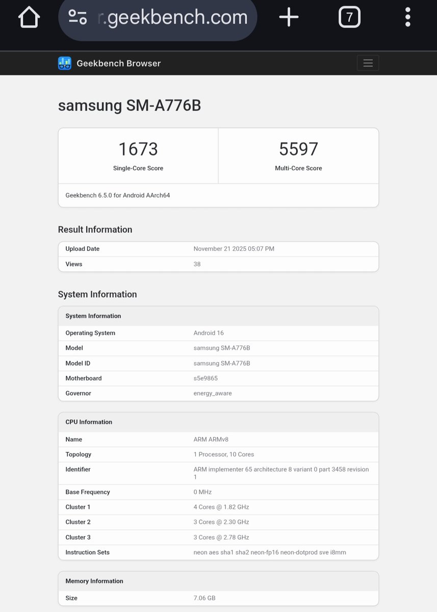 ✅ Galaxy A77 (SM-A776B) listed on Geekbench with :

💀New Exynos SoC
✅ Deca core ( 4+3+3 ) CPU :
✅ 3 cores : 2.78GHz ⏰ speed
✅ 3 cores : 2.30GHz ⏰ speed
✅ 4 cores : 1.82GHz ⏰ speed
👌 Xclipse 940 GPU
✅ Android 16 , 8GB RAM

Looks like Samsung A7x series are coming back👀