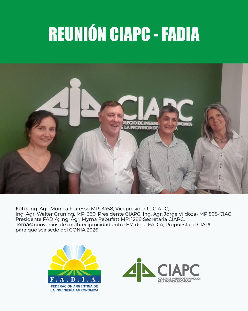 🗓️CÓRDOBA, 20 DE NOVIEMBRE DE 2025
Informe visita del presidente de #FADIA al #CIAPC.
El pasado jueves 20 de noviembre, el presidente de la FADIA fue recibido por el Consejo Directivo del Colegio de Ingenieros Agrónomos de la Provincia de Córdoba-CIAPC.