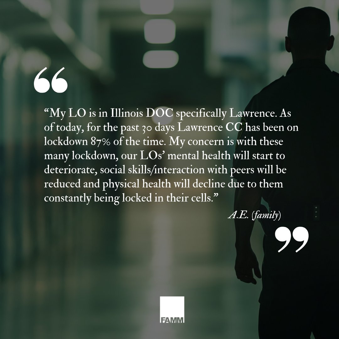 FAMMFoundation's tweet image. 87% lockdowns in 30 days at Lawrence CC. 💔 Mental health, social skills, &amp;amp; physical well-being of incarcerated loved ones are at risk with constant cell confinement. It&apos;s time to address the impact of such extreme measures on our loved ones.

Text JOIN to 40419 and support…