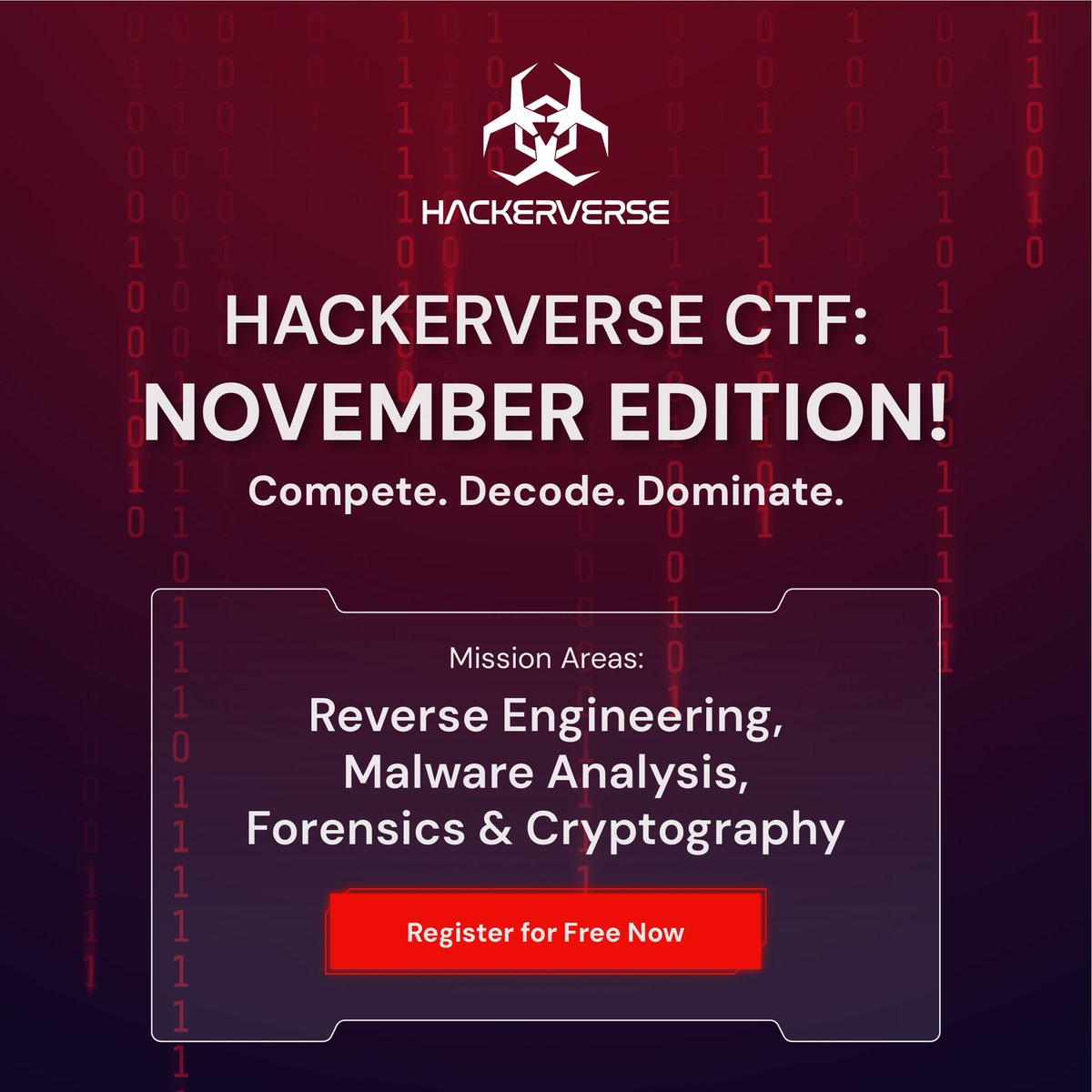 hackerverse_ecc's tweet image. This month, the Hackerverse CTF is your proving ground for advanced cybersecurity skills.
Register now: buff.ly/4ijRWG6 
Reverse engineered binaries, malware dissection, forensic investigations, and cryptographic challenges await the most daring participants.
#hackerverse