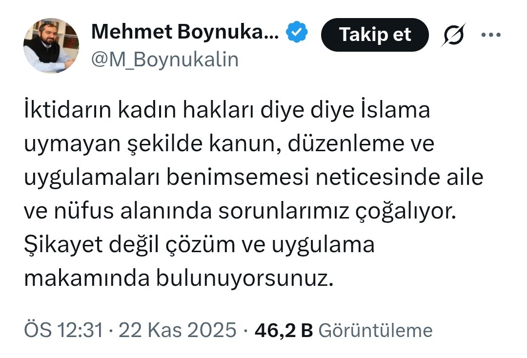 Bu fideist şahıs için ekonomik sıkıntı, kadın hakları, şiddet, sosyal hayattaki problemler, bir aile nasıl geçinir, nasıl çocuk okutur vb. hiç önemli değil. Onun indirgemeci sloganı: İslam (!!!) gelecek her şey bitecek. İslam ne? Muhteremin ortaçağ fıkhına dayalı kafası.