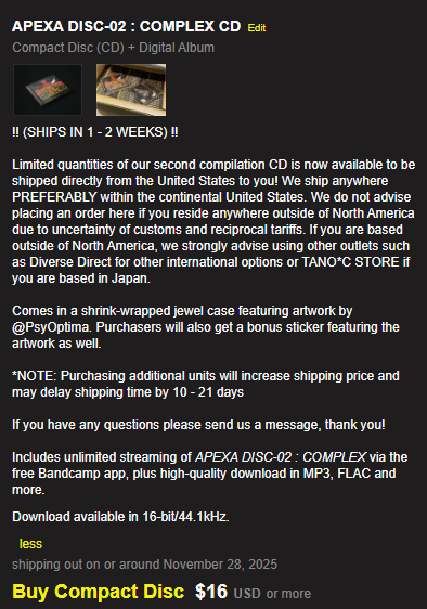 APEXARECORDS's tweet image. -【 ⚠️ STOCK ANNOUNCEMENT ⚠️ 】-  

We have stocked up a couple of physical CDs from APEXA DISC-02 : COMPLEX on our Bandcamp!

Link below or in Bio!

This should hopefully alleviate shipping costs for those looking for a copy living in the United States and we can ship anywhere…