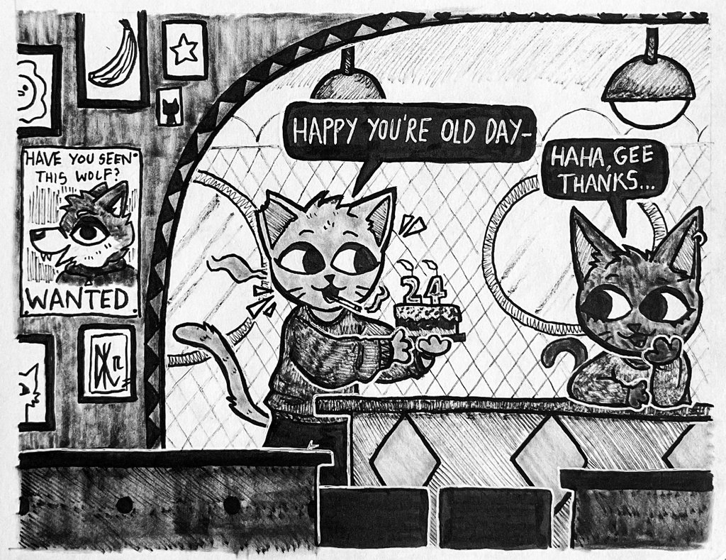 Ko-Fi ink doodle commissioned by <a href="/Mini_splints00/">Mini_Splints</a> 🎂🎉

[#kofi #doodle #commission #nitw #nightinthewoods #furry #furryart ]