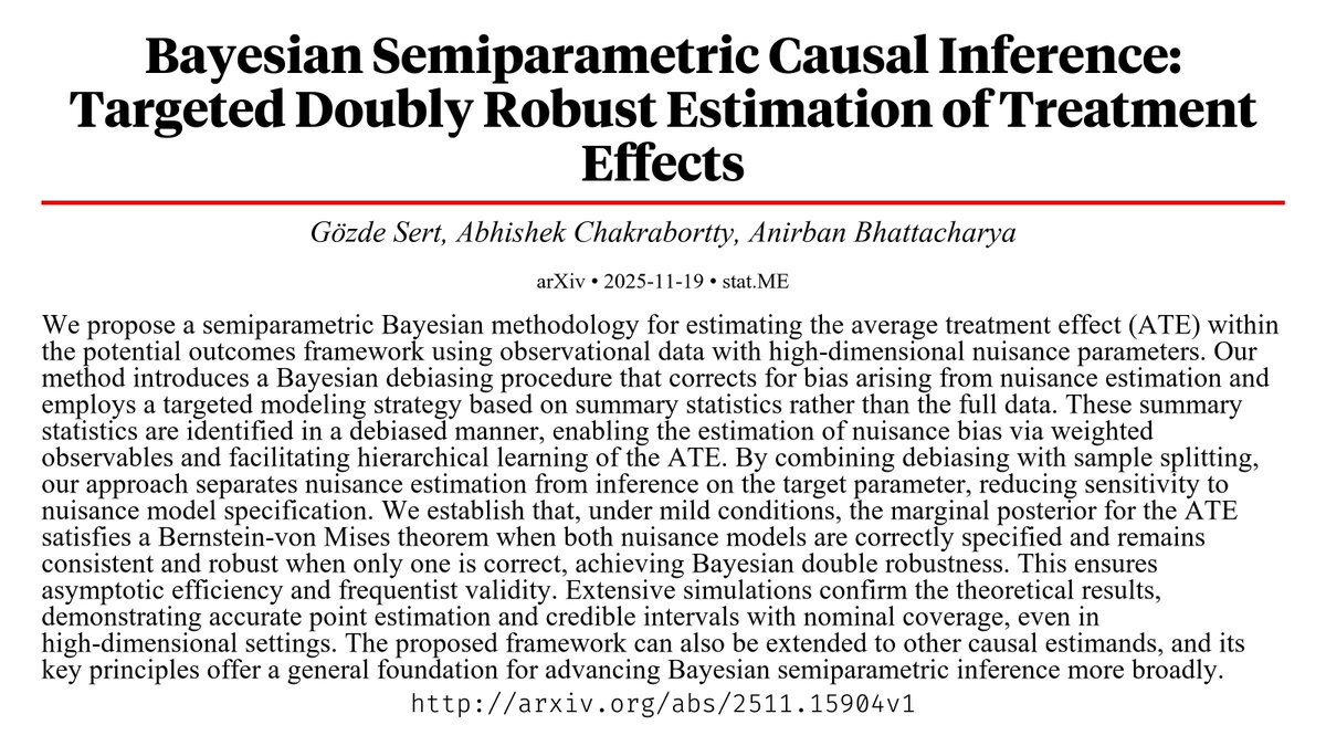 CapybaraPapers's tweet image. Bayesian Semiparametric Causal Inference: Targeted Doubly Robust Estimation of Treatment Effects arxiv.org/abs/2511.15904…