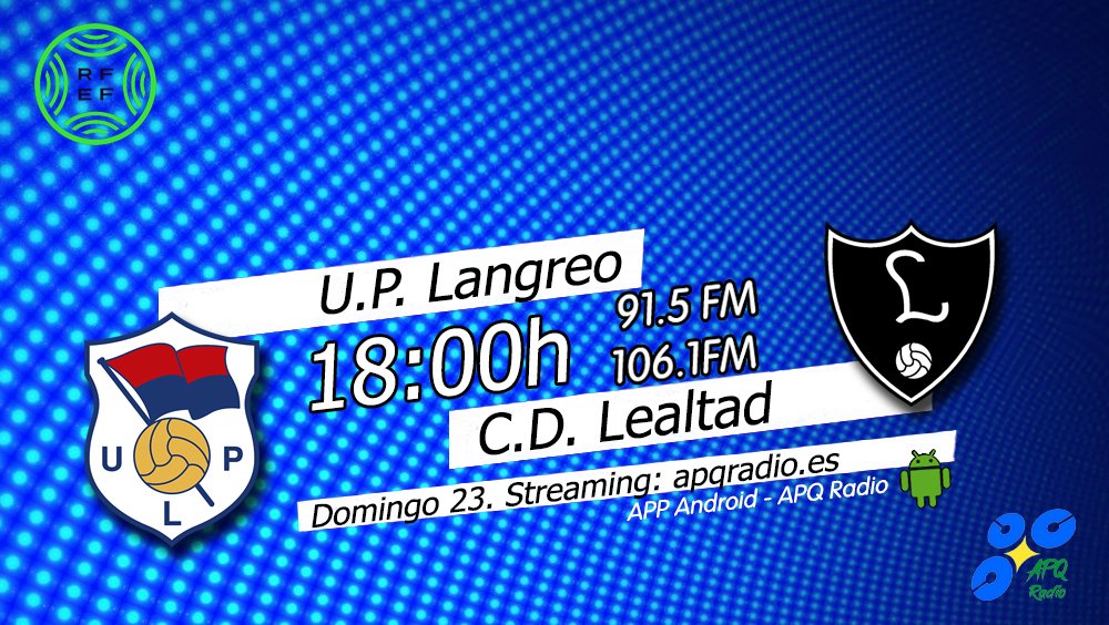 🔴HOY, EN LA BANQUETA DEPORTIVA🔴
🕕 18h (Previa desde las 17:45h)
🏟️ Nuevo Ganzábal
⚽️ <a href="/UPLangreo/">UP Langreo ⚒</a>  🆚 <a href="/CDLealtad/">CD Lealtad | Villaviciosa</a>  
🎙️ <a href="/PacoGranda/">Paco Granda</a>  | <a href="/Dani_Castelao/">Dani Castelao</a> 
📻 91.5 - 106.1FM Asturias
🖥️ apqradio.es
📱 bit.ly/3oFv0HI