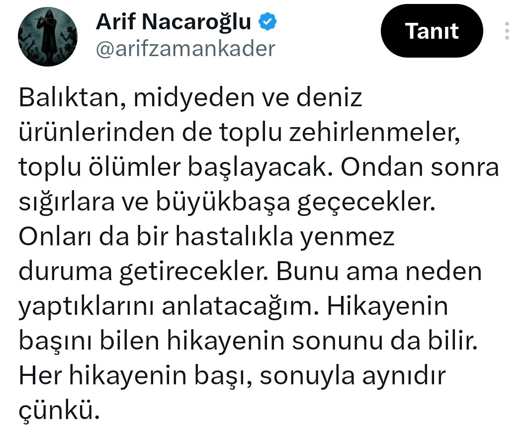 Sakarya Ferizli cezaevinde ton balığı yiyen 123 mahkum zehirlendi. Bu olanlar normal değil. Ben de normal değilim ama. Bir yeteneğimin olduğunu biliyorum. Sanki ama senarist benim. Ve bu son zamanlarda daha çok artıyor. Allah sonumuzu hayretsin. Ne diyelim başka ?