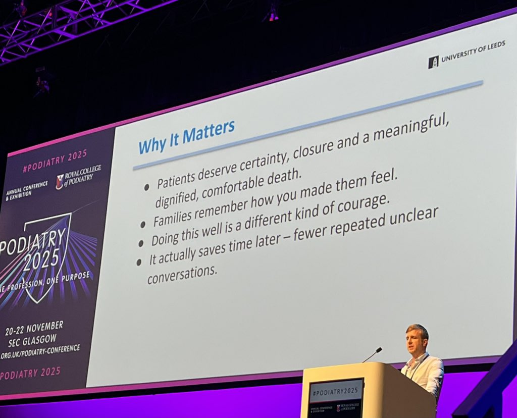 End of life care in the plenary sessions of <a href="/RoyColPod/">Royal College of Podiatry</a> conference = game-changer. 

Podiatrist <a href="/markpovey77/">Mark Povey</a> &amp; vascular surgeon  <a href="/HenryDaviesVasc/">Henry Davies MD 🇨🇰</a>  delivered!

🙏for your insights and vision, sparking thoughts on opportunities for best practice, research and collaborations 
👏 👏