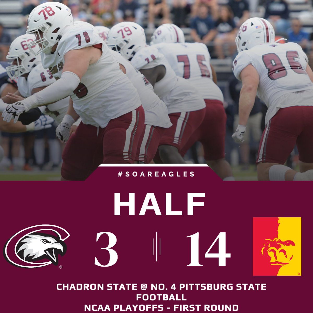 CSCFootball's tweet image. HALF: Pitt State 14, Chadron State 3.

DJ Ralph: 6-10, 59 yards
Daytuawn Pearson: 13 rushing yards, 18 rec. yards
Ryder True: 6 tackles
Cooper Walton: 5 tackles, sack
Total yards: 159-108 PSU