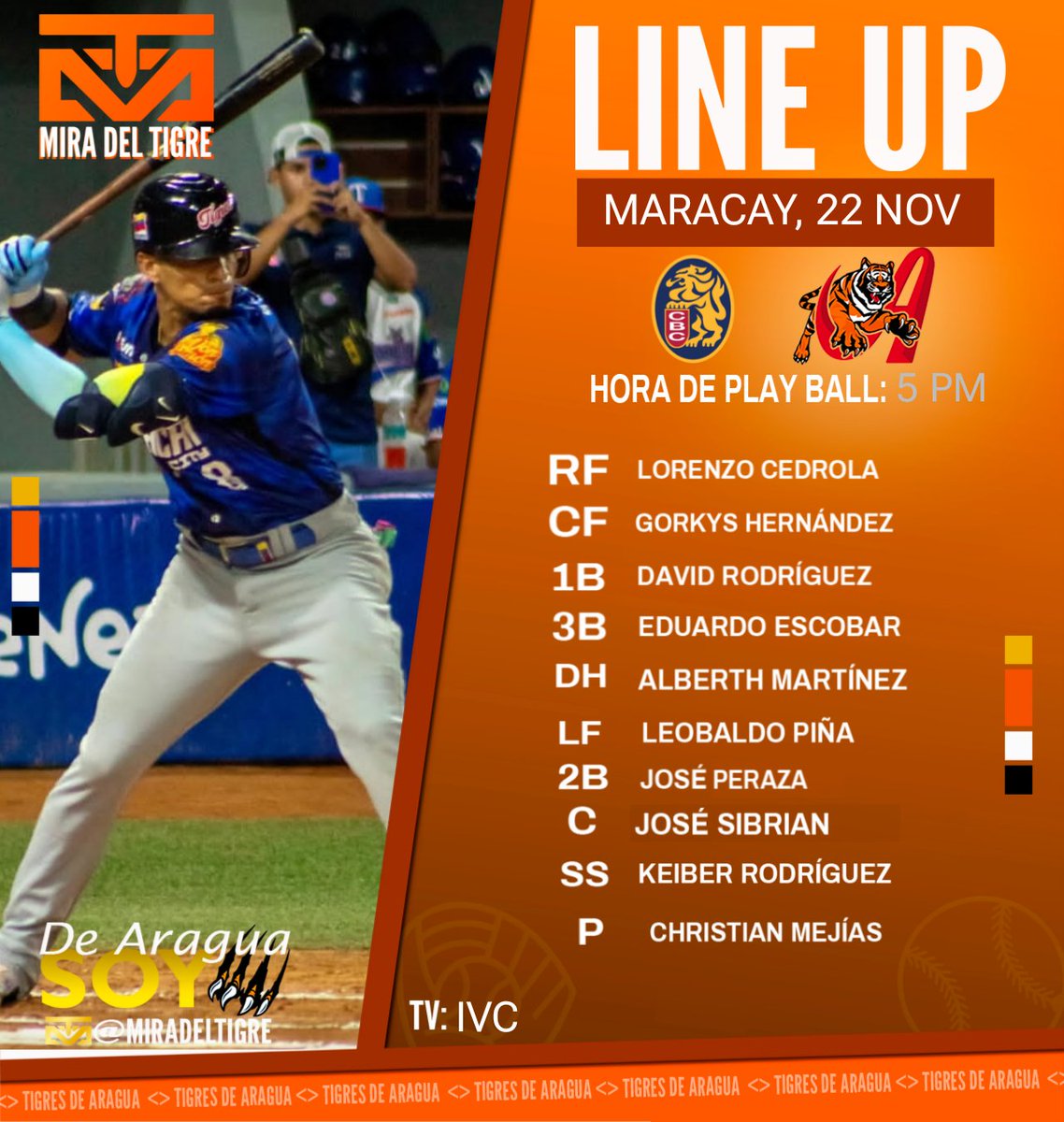 Line Up de los Tigres de Aragua esta tarde frente a los Leones del Caracas #ArribaTigres #DeAraguaSoy