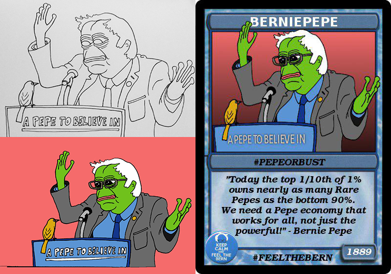 Today's Rare Pepe Lore Lesson™️ is Series 8, Card 45 - BERNIEPEPE. The card was minted by <a href="/rarepepenews/">RarePepeNews</a> with commissioned art by <a href="/EverydayEarth/">EverydayEarth</a>. This is a 1/1,889 card with a current floor price of .000813 BTC ($69 USD) (nice). 237 wallets hold a copy of this card with the