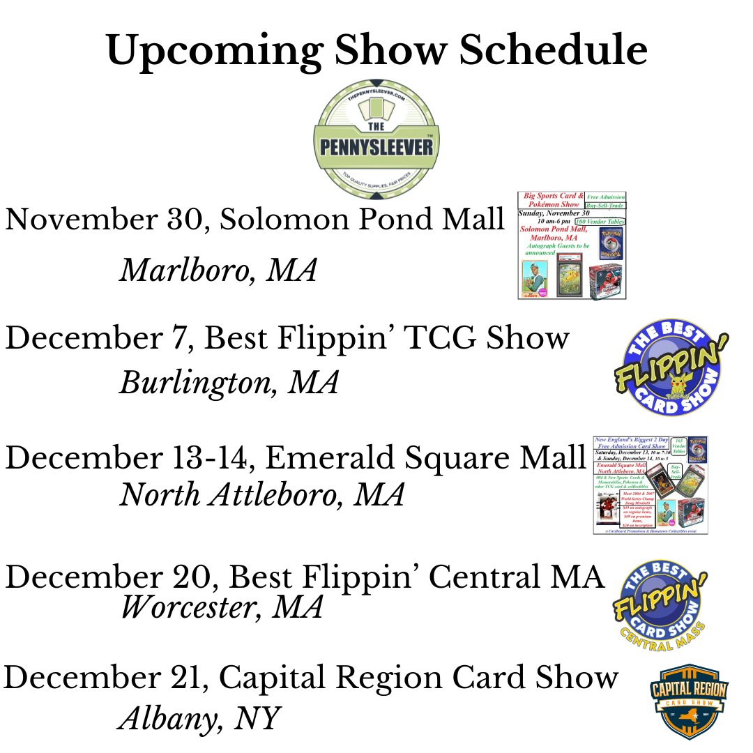 Yes, we're home this weekend, but we have a lot coming up before the holiday season ends. Our schedule as it stands right now:

November 30 <a href="/cardshowsMA/">cardboardpromotions</a> Solomon Pond Mall, Marlborough, MA
December 7 <a href="/flippincardshow/">The Best Flippin' Card Show</a> Best Flippin' TCG Show, Burlington Marriott, Burlington MA