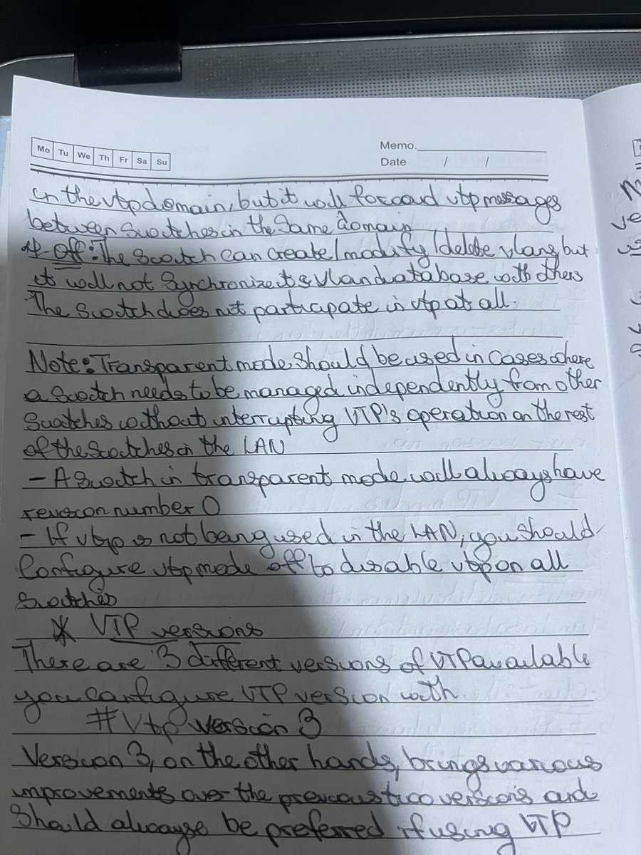 amyy_nwa's tweet image. Day16/100 #100DaysOfNetworking 
Today was a bit busy but I focused on diving into VTP 
Which plays a role in VLANs by synchronizing switches databases across each other 
Understood the type of modes, versions and revision number. @ireteeh @segoslavia @TemitopeSobulo @OnijeC