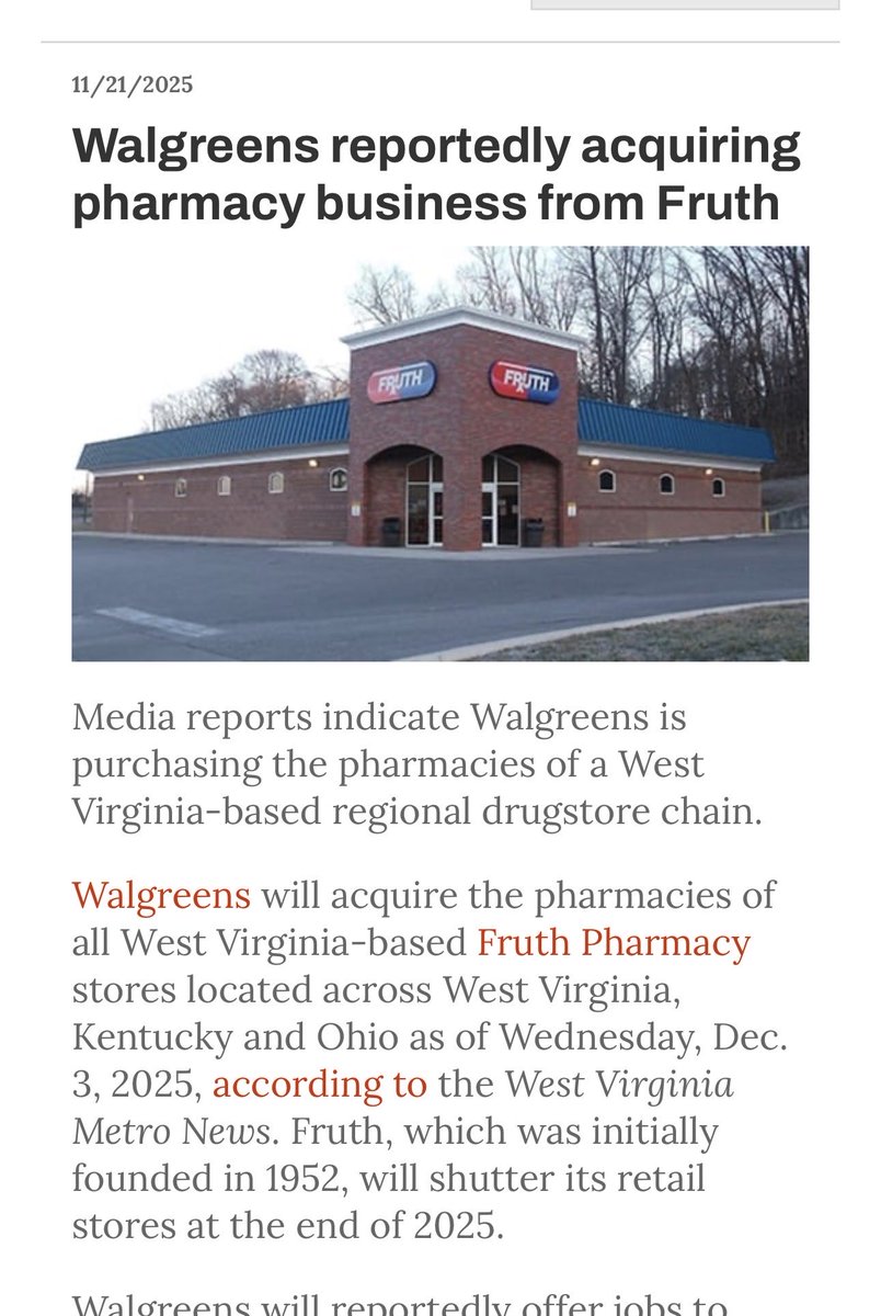 onechancefreedm's tweet image. Mark Cuban’s Been Right: PBMs Are Gutting Local Pharmacies in Real Time

According to the article, Walgreens is buying the pharmacy business of Fruth, a 73 year old regional chain in WV/KY/OH, and Fruth will shut all of its retail stores by the end of 2025. The owner is blunt…