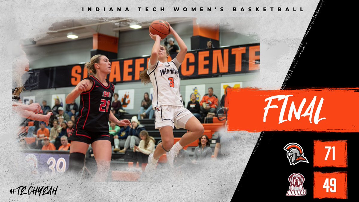 INTechWBB's tweet image. WARRIORS WIN! 🔥🏀

Indiana Tech beats Aquinas 71–49!! #3 Covington drops 21 pts, #11 Thomas with 18 pts, #0 Moorer 17pts &amp;amp; 8 rebs, and #21 Gulley grabs 13 boards.

A great way to start the first week of WHAC play at 2–0!!!

#techyeah 🧡🖤