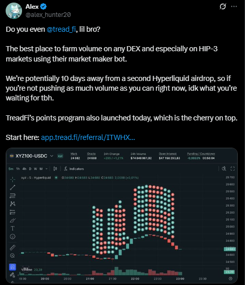 Idk who needs to hear this but...

If you're using any of these "market making bots" to farm an airdrop with the idea of burning $x on fees to do $y in volume, you're ngmi

Reason 1: Once an airdrop becomes a volume farm, it's been heavily diluted &amp; will only get more diluted.