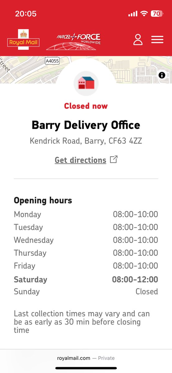 cherylockerby's tweet photo. @RoyalMail are these opening hours correct? This office is only open for 2 hours a day to collect parcels? Or do they close at 10pm. This is my only option for a parcel delivery next week but I can’t collect between 8 and 10. 🤷🏼‍♀️ https://t.co/Nr3cu9DQ7o