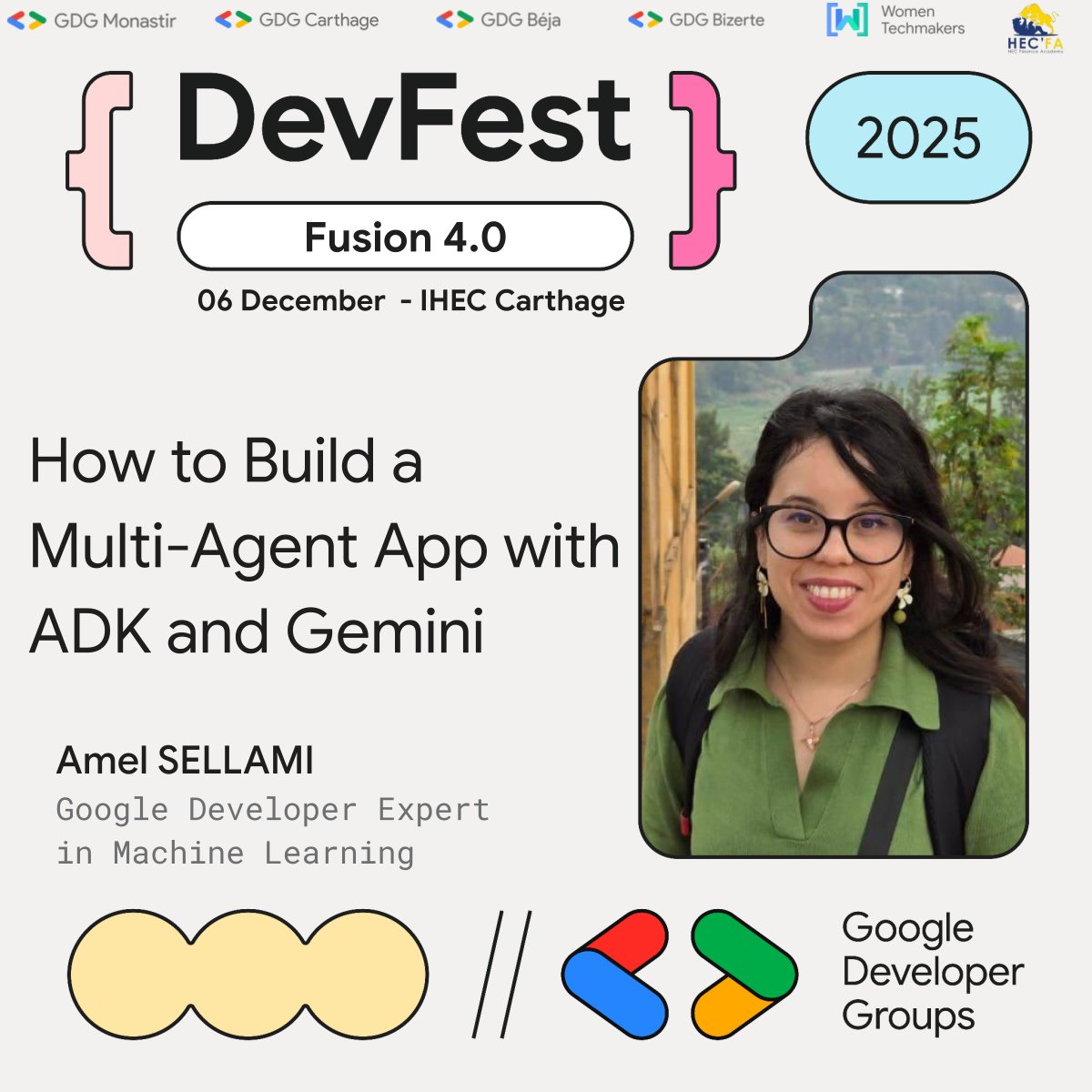 🎙️Speaker Reveal #1
Meet <a href="/AmelSellamii/">Amel Sellami أَمال السّلامي</a>  — <a href="/GoogleDevExpert/">@GoogleDevExpert</a>  in ML!
She’s bringing a powerful session:
 Build a Multi-Agent App with #ADK + #Gemini 🤖
Learn how agents collaborate, reason, and solve tasks using Google’s latest AI tools.
#DevFest25 <a href="/googledevgroups/">Google Developer Groups</a> <a href="/GeminiApp/">Google Gemini</a>