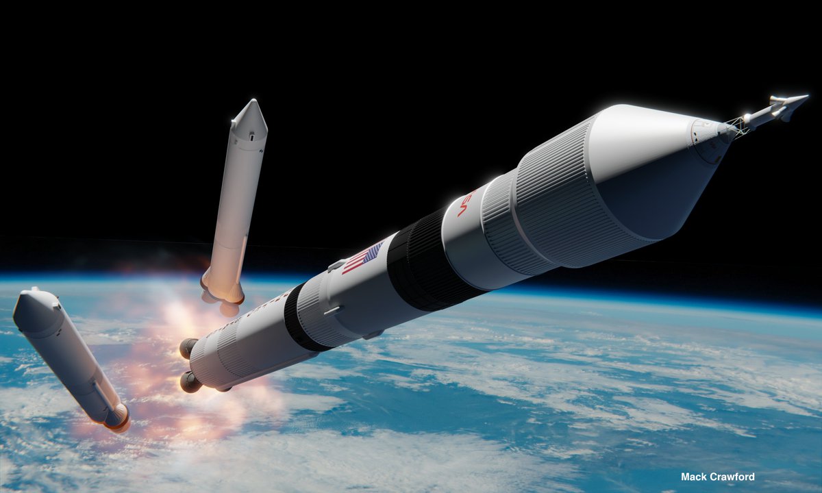 brickmack's tweet image. Booster separation on the First Lunar Outpost HLLV (sometimes called &quot;Comet&quot; but this designation was apparently never official)

4 F-1As out, 5 more on the core stage keep burning for another minute