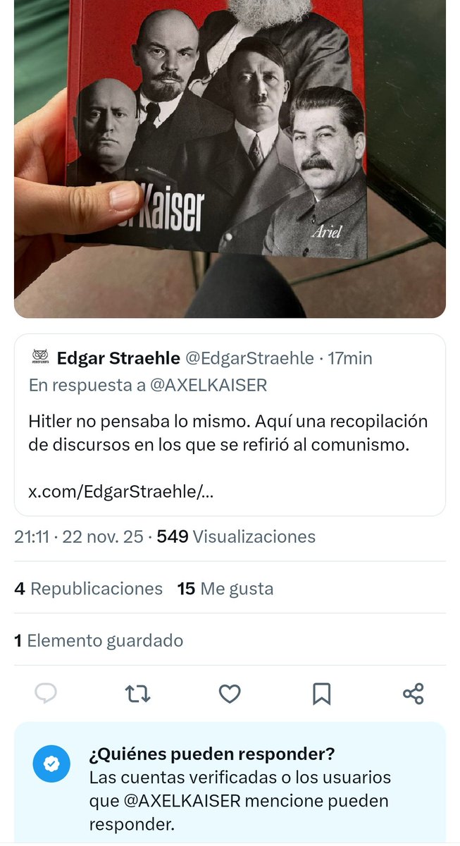 A un tuit de una cuenta con 360.000 seguidores que dice que nazismo y comunismo eran en esencia lo mismo respondo con discursos de Hitler que lo rechazan. Se me responde con un citado, refutado ya por esa recopilación, y donde no se me deja responder. Gran concepto de debate.